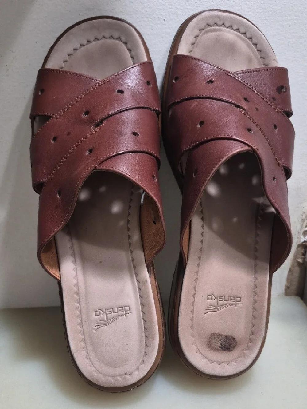 Dansko Brown Leather Cross-Strap Slide Sandals
